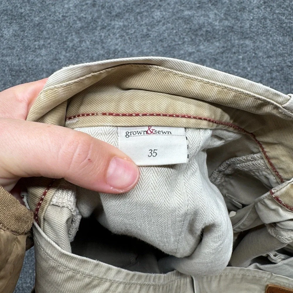 Grown‎ & Sewn Pants Mens 35 x 33 Beige Button Fly Chino Cotton